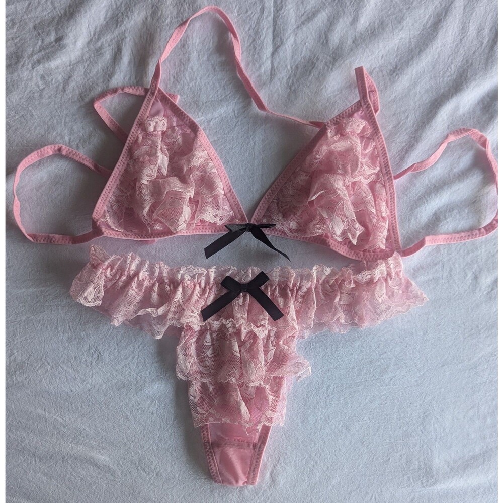 YaFee Pink Lace Lingerie Set Bralette & Cheeky Thong Bow Accent NWOT